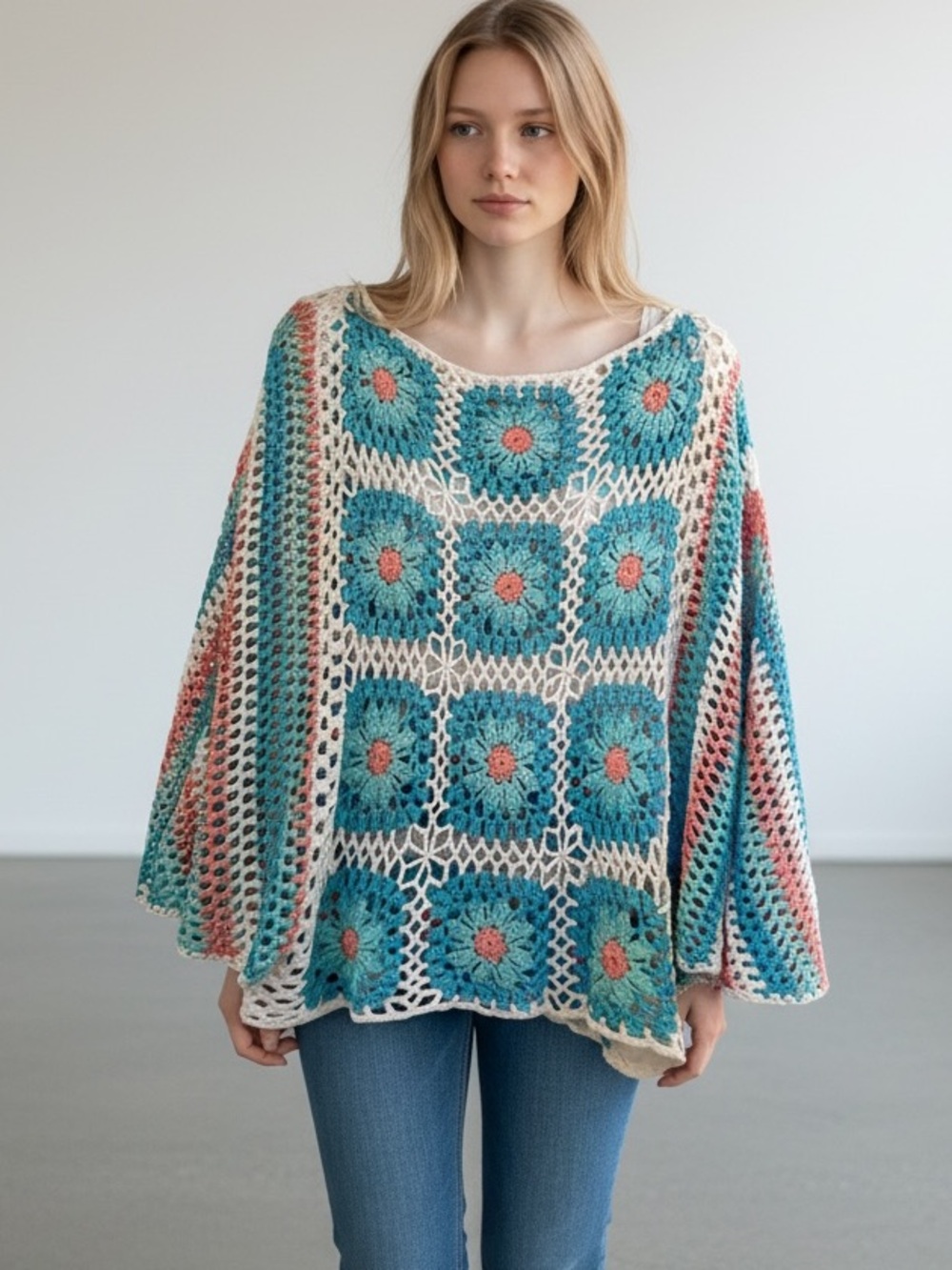 0079. POL Crochet Square Poncho Sweater in Teal, Cream & Pink